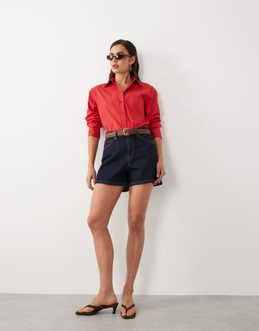 Mango starring Hailey Bieber cotton rich oversized shirt in bright red, 2 of 4