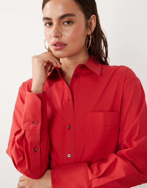 Mango starring Hailey Bieber cotton rich oversized shirt in bright red, 3 of 4