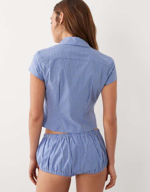 Mango starring Hailey Bieber Gigi cinched waist short sleeve shirt in blue plaid - part of a set, 4 of 4