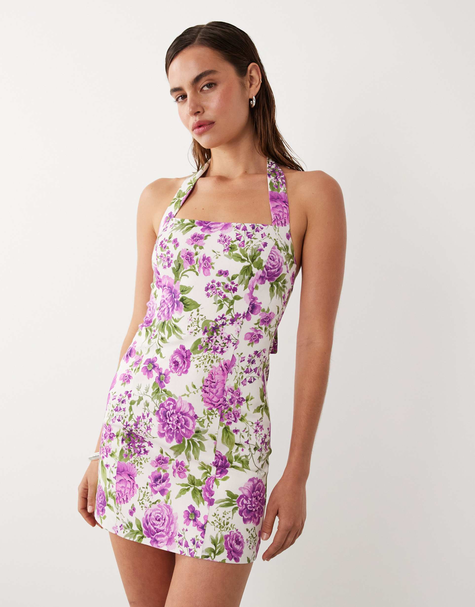 mango starring hailey bieber halterneck mini dress in pink floral print