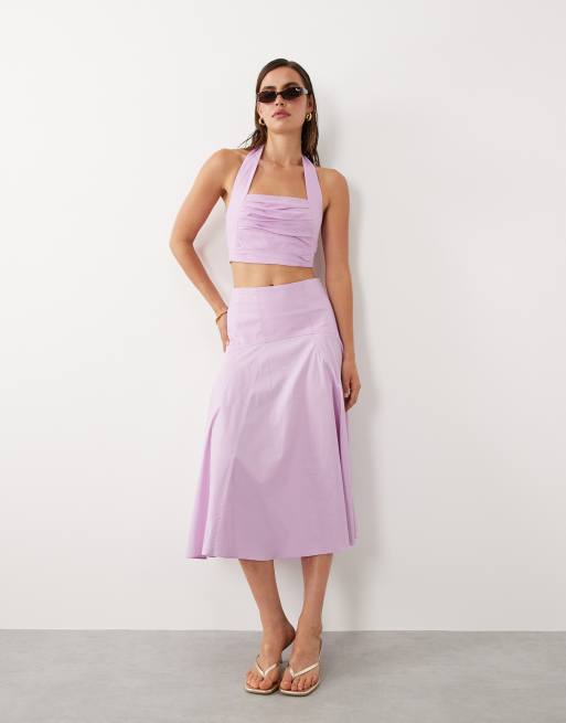 Mango starring Hailey Bieber Kasha halterneck cropped top & drop waist maxi skirt set in pale pink, 3 of 3