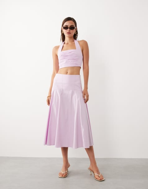 Mango starring Hailey Bieber Kasha halterneck cropped top & drop waist maxi skirt set in pale pink - view 1