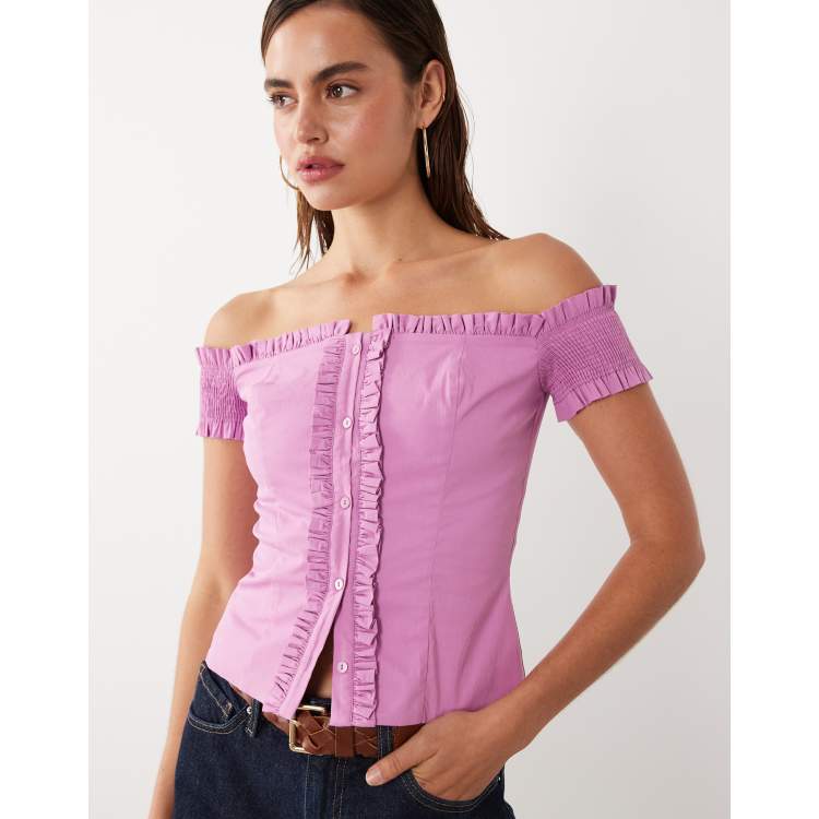 Mango starring Hailey Bieber ruffle detail off shoulder blouse in