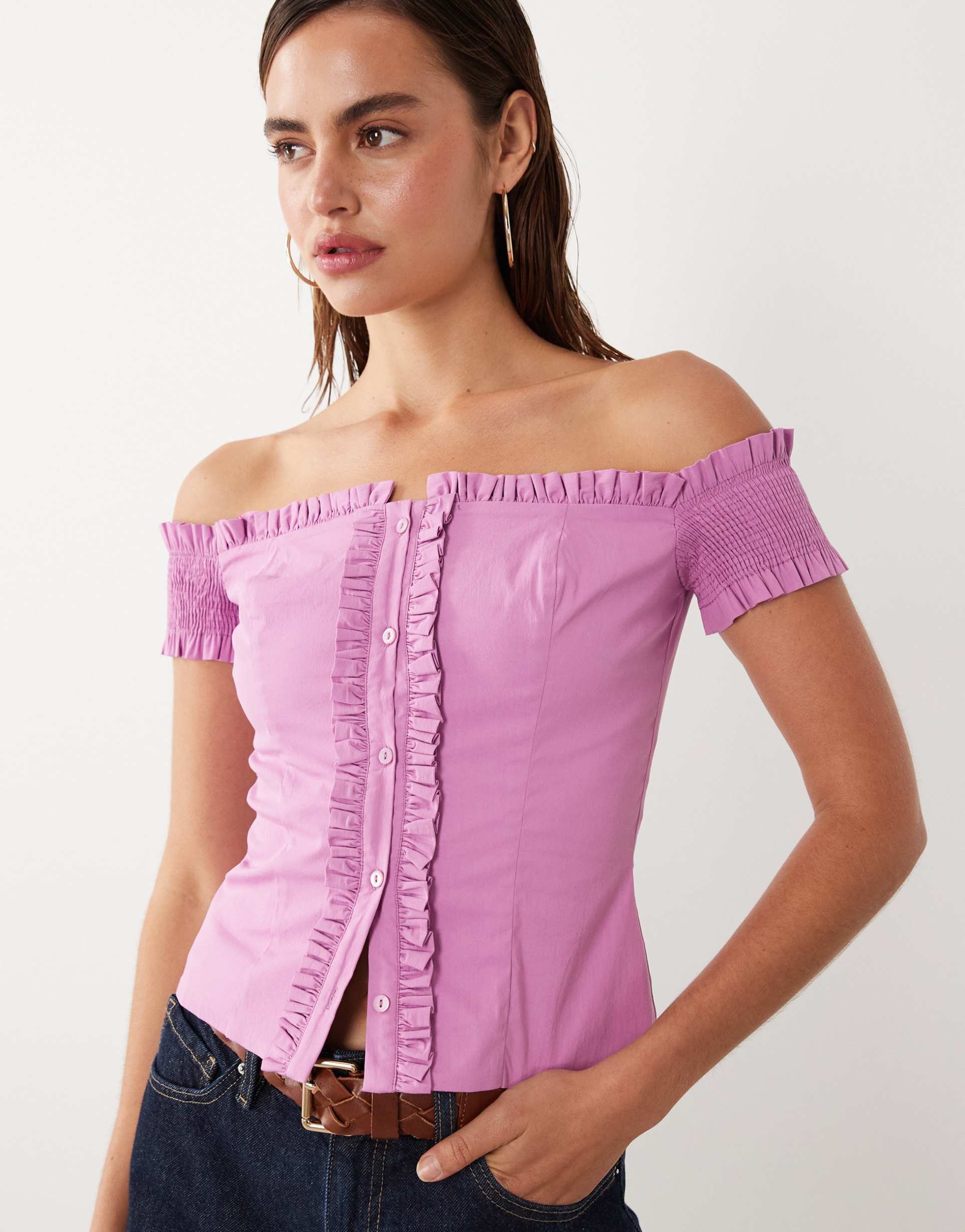 mango starring hailey bieber ruffle detail off shoulder blouse in pink