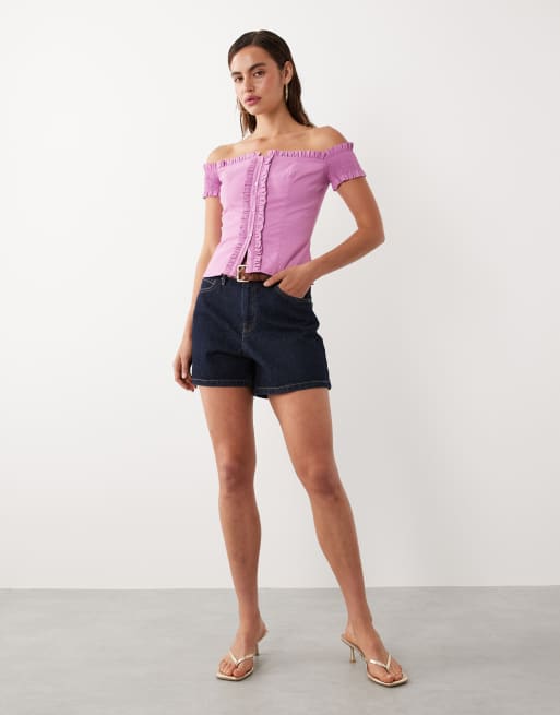Mango starring Hailey Bieber ruffle detail off shoulder blouse in pink, 3 of 4