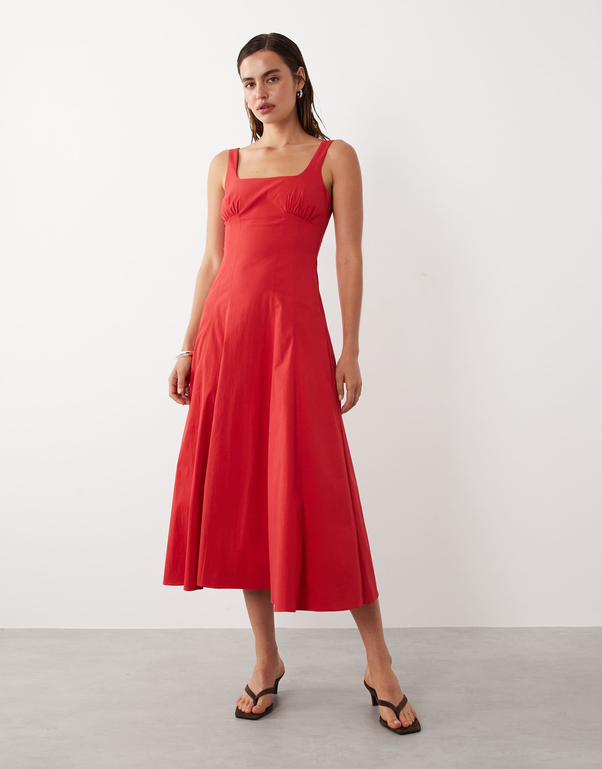 mango starring hailey bieber square neck structured a line maxi dress in bright red