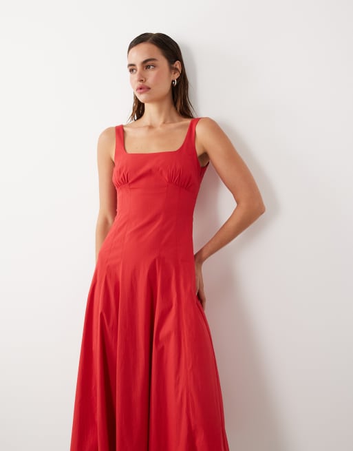 Mango starring Hailey Bieber square neck structured a line maxi dress in bright red, 2 of 4