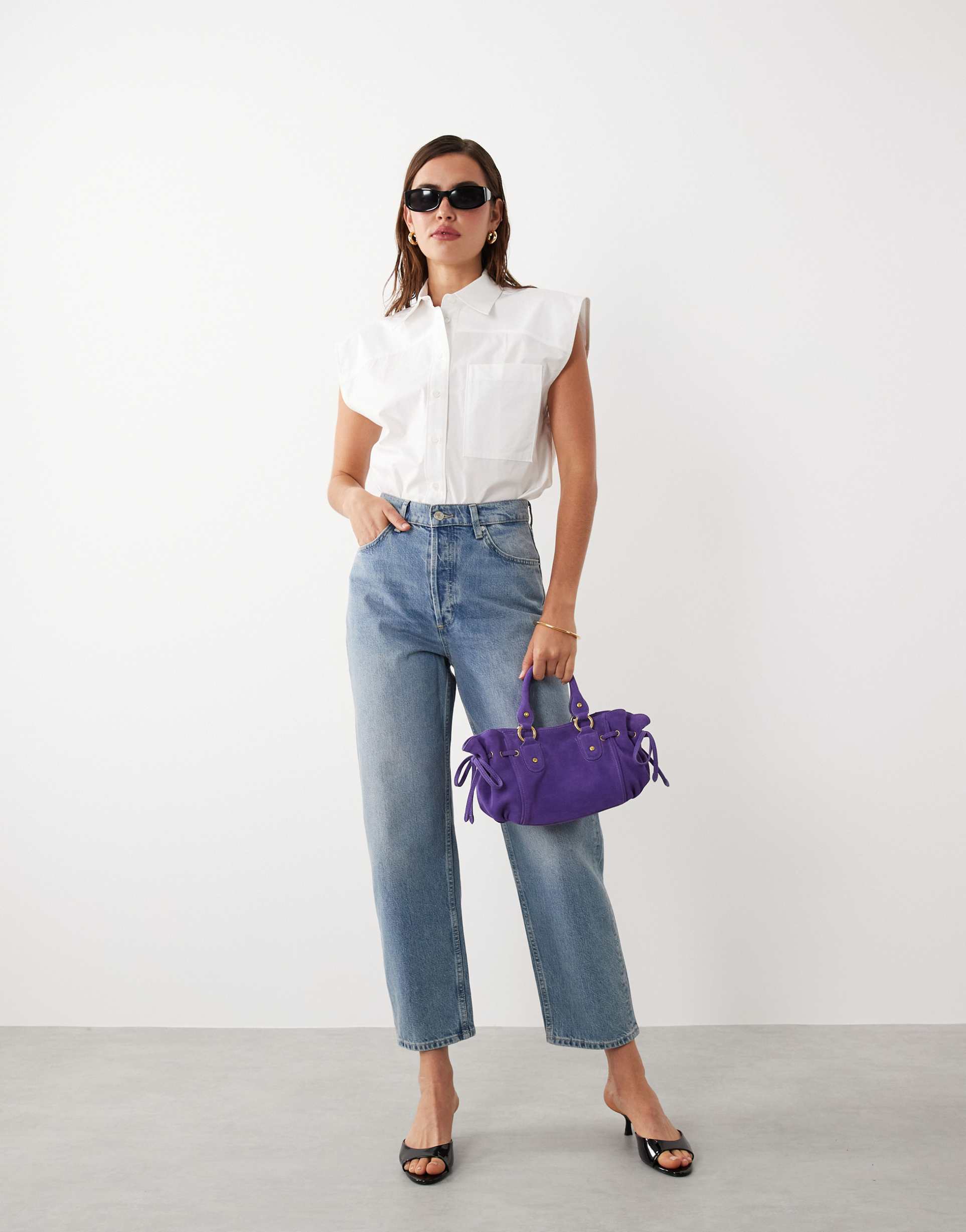 mango starring hailey bieber statement shoulder sleeveless shirt in white