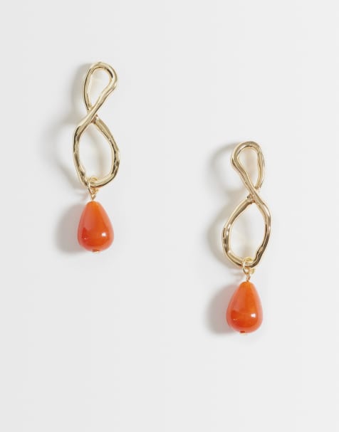 Mango statement drop earrings in gold and red - view 1
