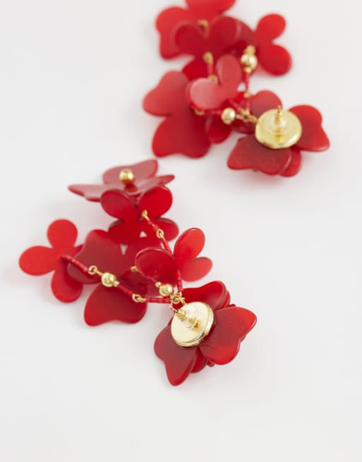 Mango statement flower earrings in red, 3 of 4