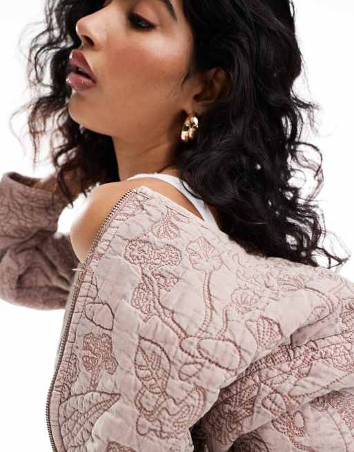 Mango – Steppjacke in Rosa mit Blumenstickerei, 4 von 4