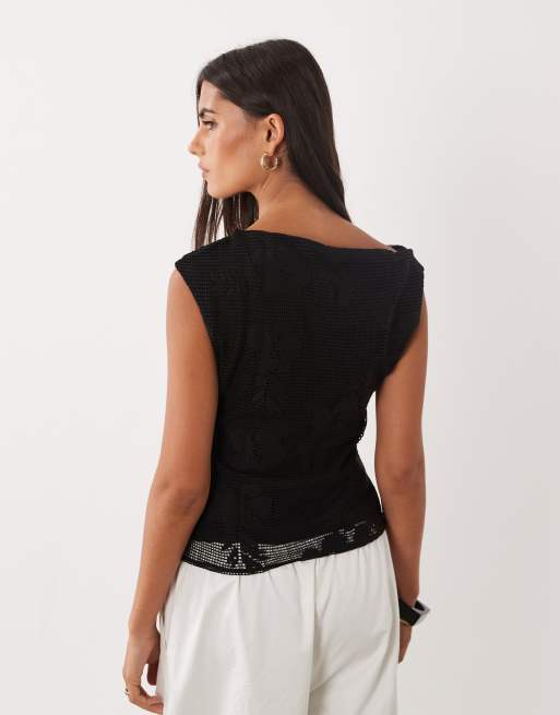 Mango stickad asymmetrisk topp med spetskant i svart, 4 av 4