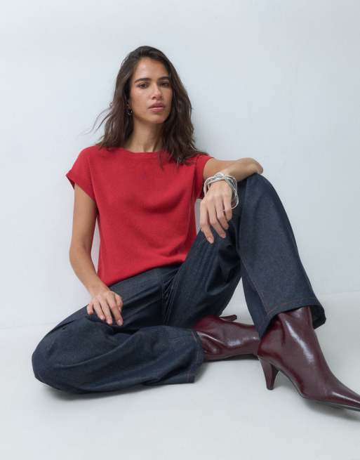 Mango stickad t-shirt med cap sleeves i rött, 4 av 5