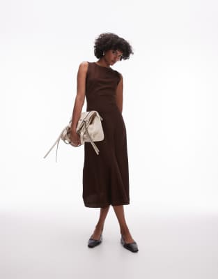 stitched edge sleeveless maxi dress in dark brown