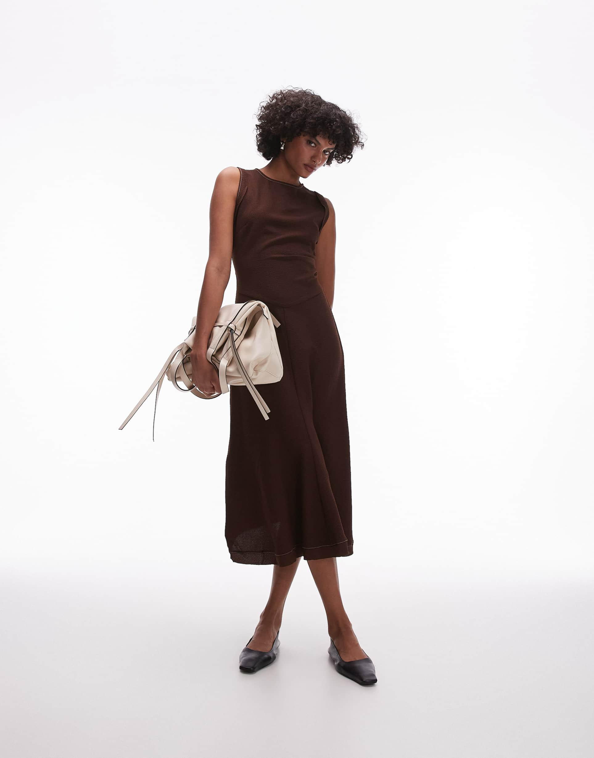 mango stitched edge sleeveless maxi dress in dark brown