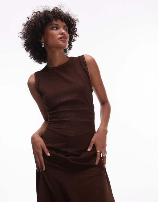Mango stitched edge sleevess maxi dress in dark brown | ASOS