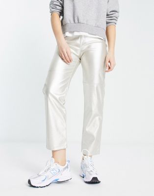 Mango straight faux leather leg trousers in silver