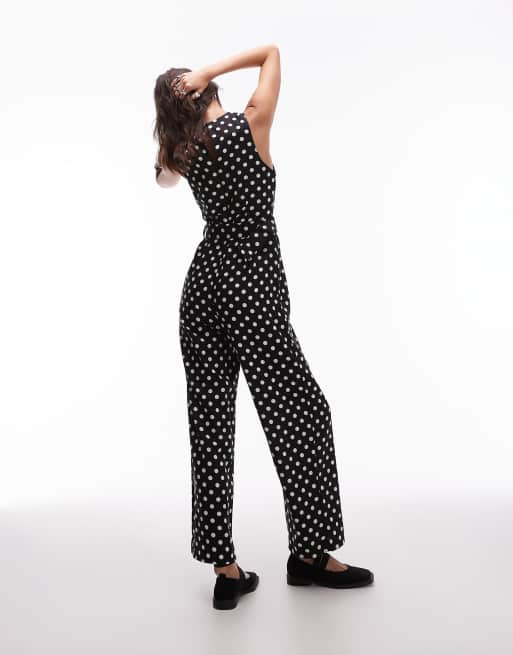 Mango straight fit polka dot jumpsuit with cinch waist belt in black, 2 of 4