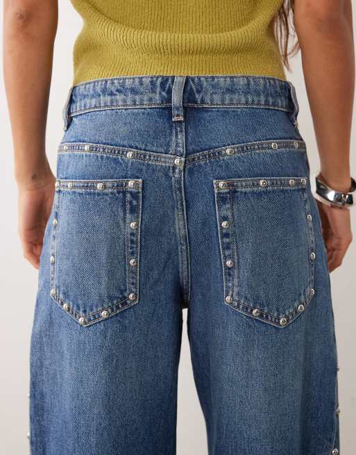 Mango straight jean with side studs in mid blue, 2 of 5