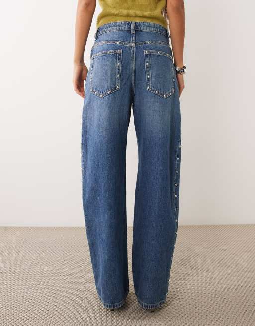 Mango straight jean with side studs in mid blue, 3 of 5