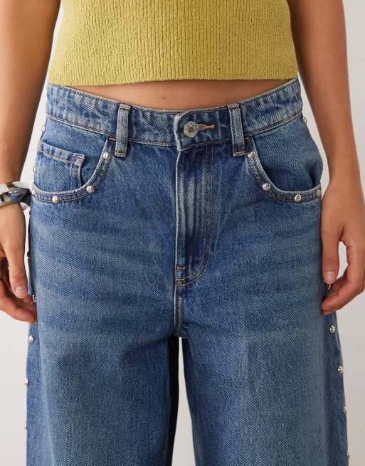 Mango straight jean with side studs in mid blue, 4 of 5