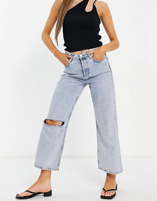 Mango straight jeans with knee rip in light blue