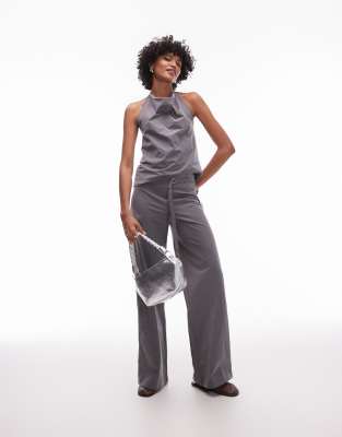 straight leg bengaline pants with hoop detail belted waist in gray - part of a set