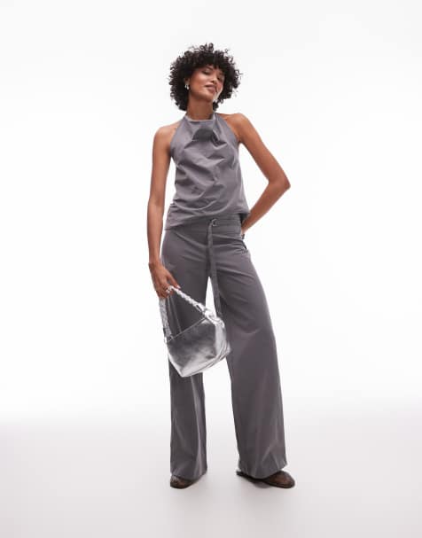 Mango straight leg bengaline trousers with hoop detail belted waist co-ord in grey