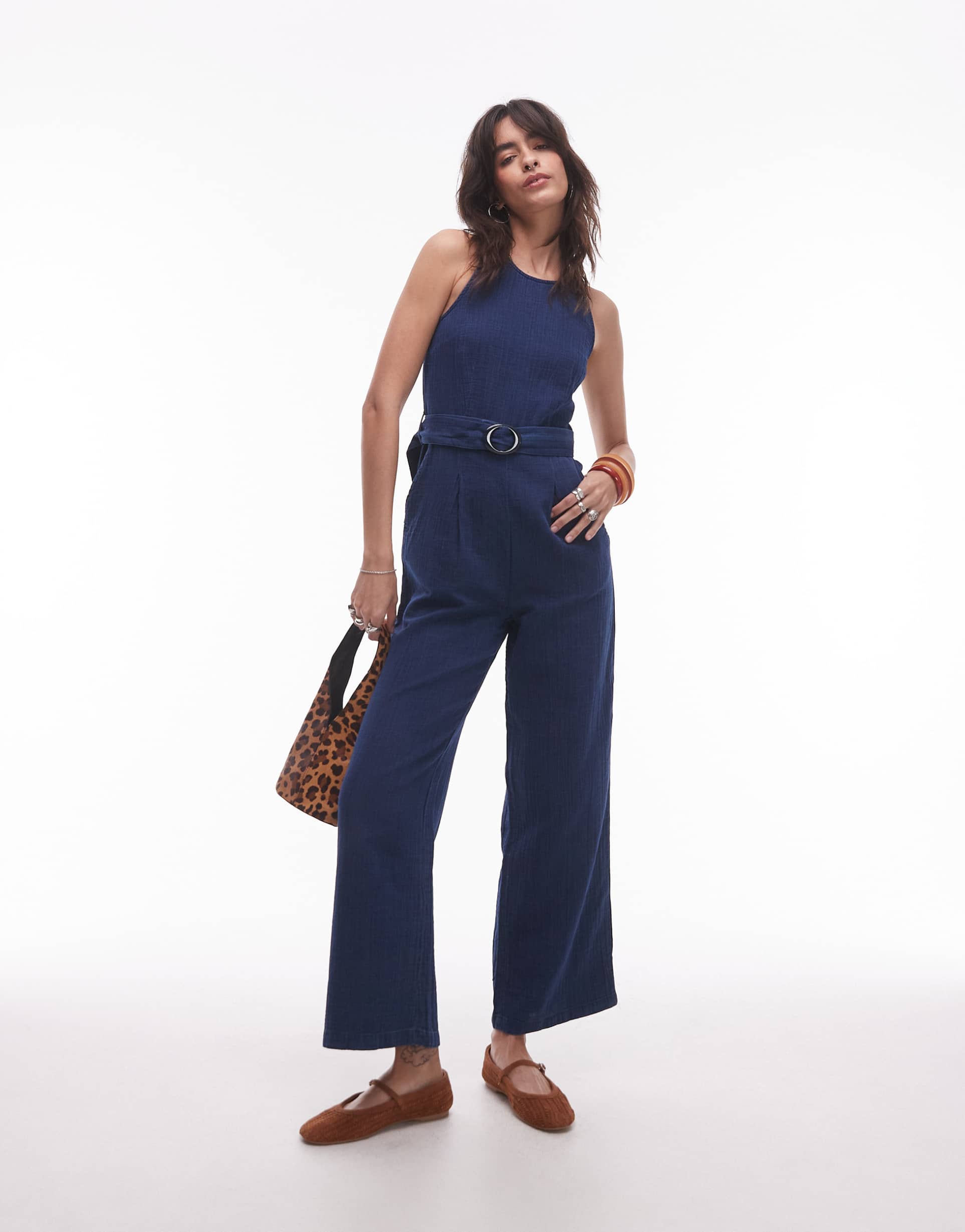 mango straight leg denim jumpsuit with belt detail in indigo
