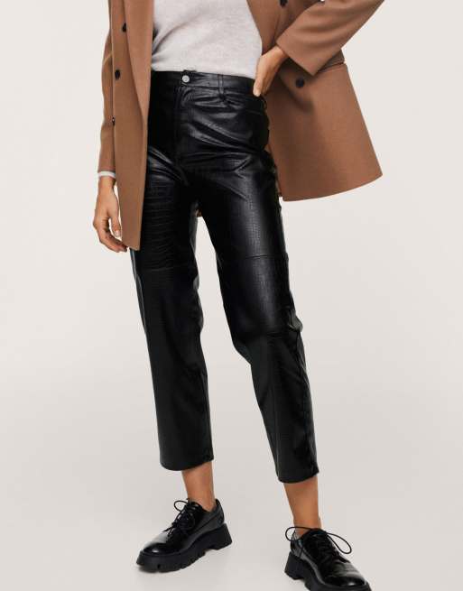 Mango straight leg faux leather croc pants in black ASOS