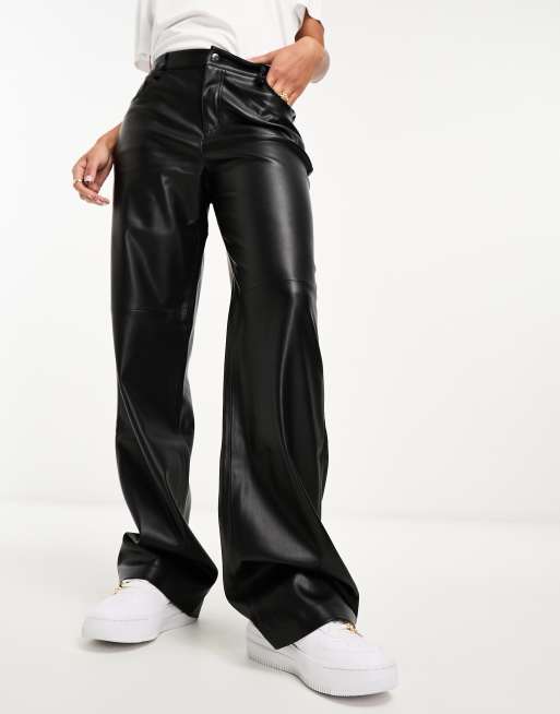 Mango straight leg faux leather trousers in black | ASOS