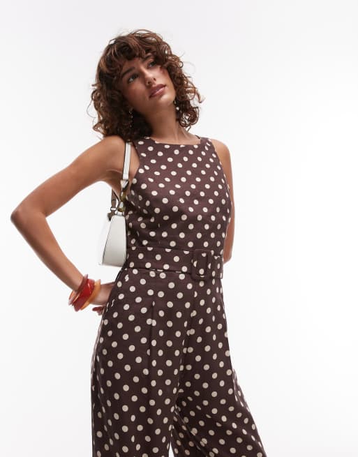 Mango straight leg high neck polkadot jumpsuit in brown