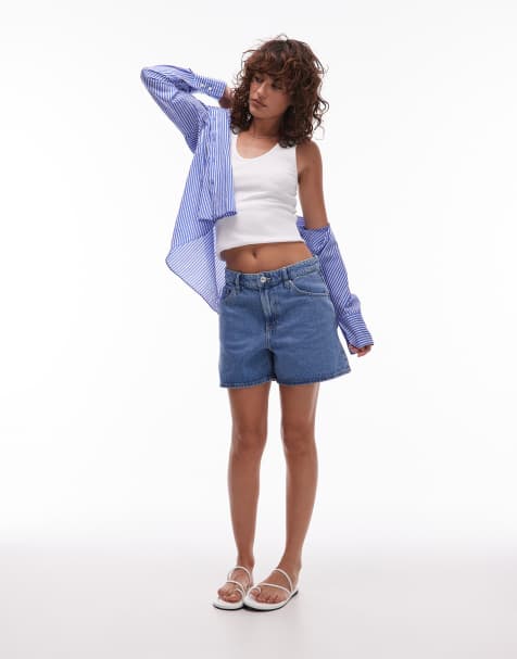 Mango straight leg high waist denim shorts in light blue - view 1
