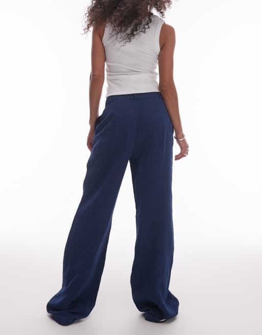 Mango straight leg high waisted cotton pants in navy, 4 of 5