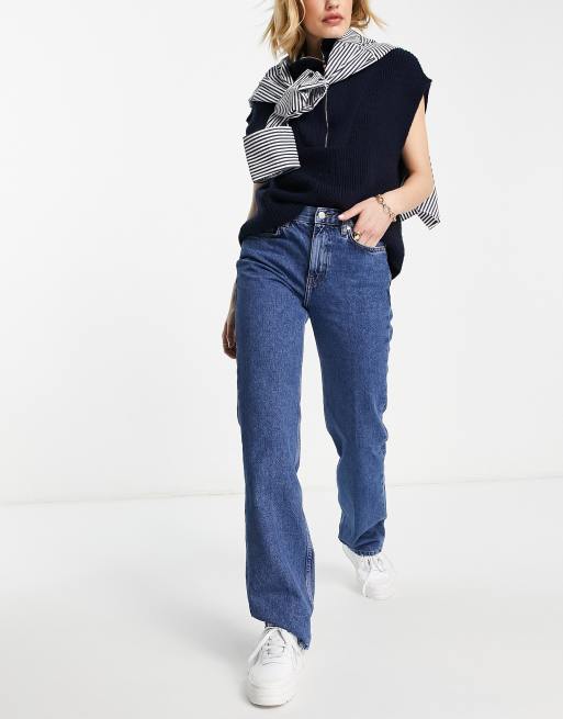 Mango mid rise wide leg jeans in mid blue