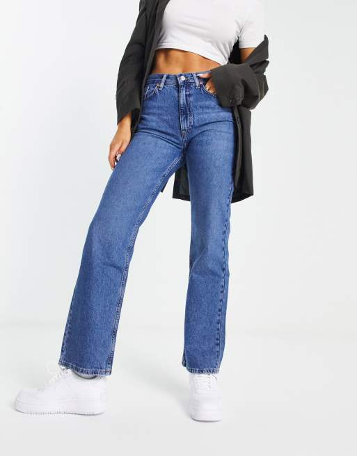 Mango seam detail straight leg jeans in mid blue