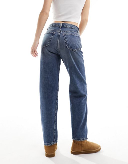 Mango seam detail straight leg jeans in mid blue