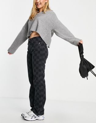 Mango straight leg jeans with check print in black