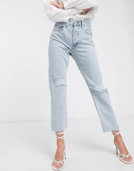 Mango straight leg jeans with knee rips in light blue | ASOS