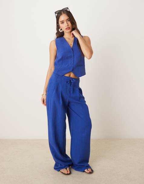 Mango straight leg light weight tie waist detail trouser co-ord in blue