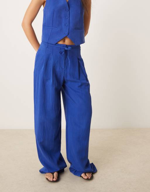 Mango straight leg light weight tie waist detail trouser co-ord in blue, 3 of 5