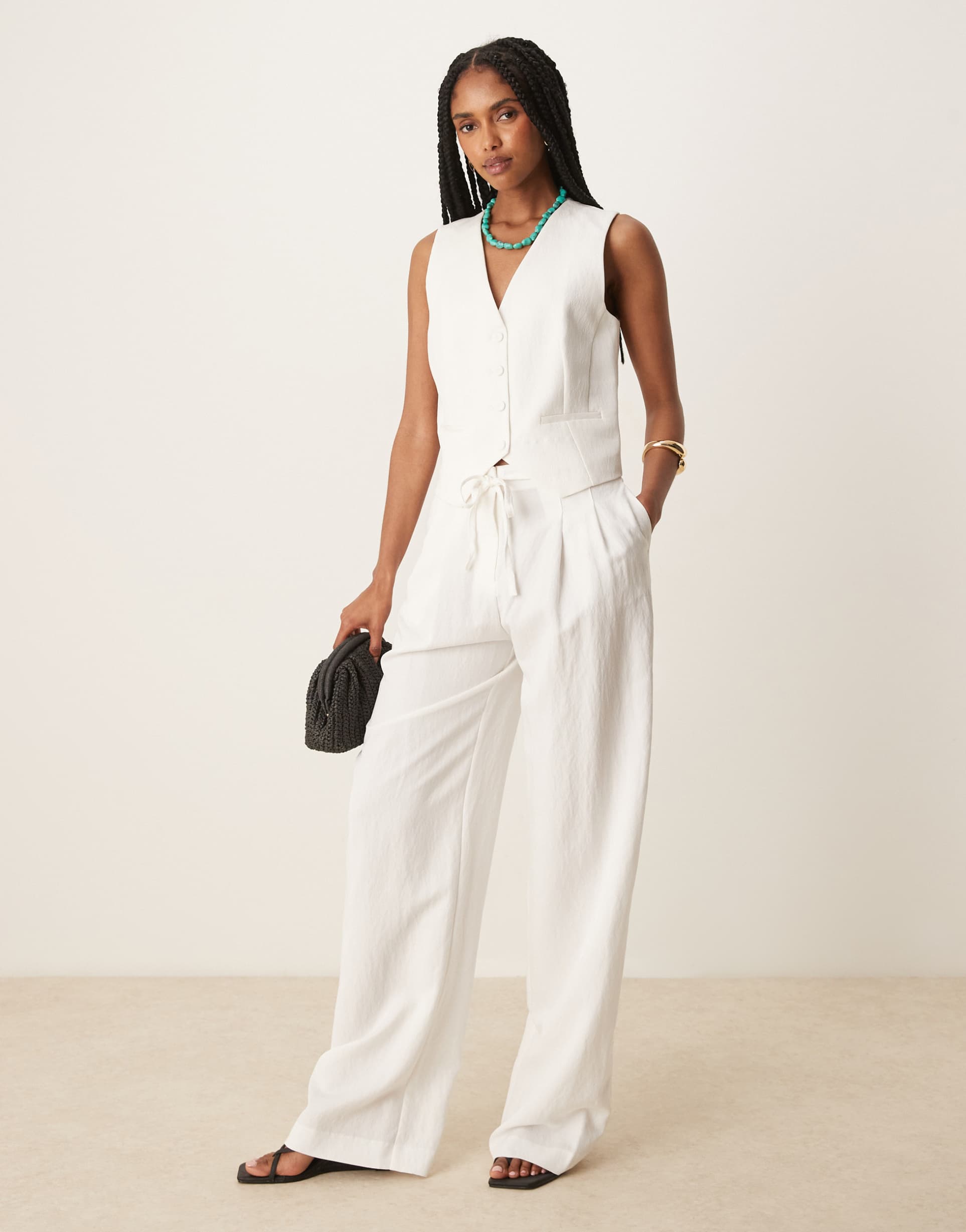 mango straight leg lightweight tie waist detail pants in white - part of a set