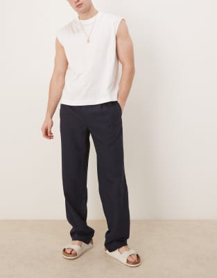 straight leg linen mix pants in navy
