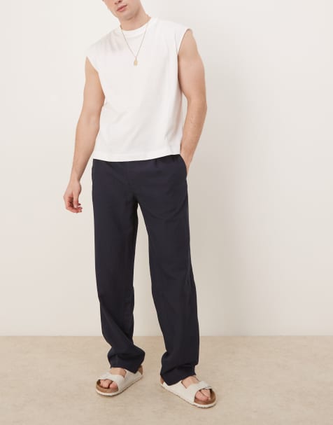 Mango straight leg linen mix pants in navy - view 1