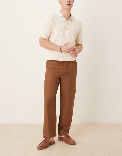 Mango straight leg linen mix trouser with elasticated waist in brown - view 1