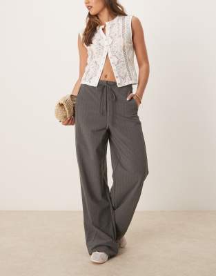 straight leg pinstripe pants with draw string waist in gray