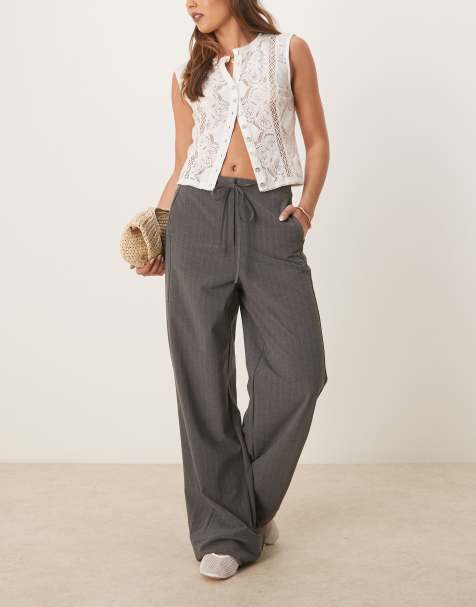 Mango straight leg pinstripe pants with draw string waist in gray - view 1