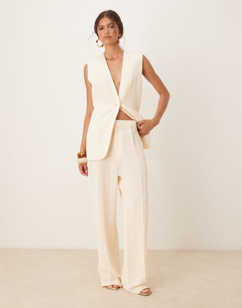 Mango straight leg pleat front light weight trouser co-ord in buttermilk - view 1