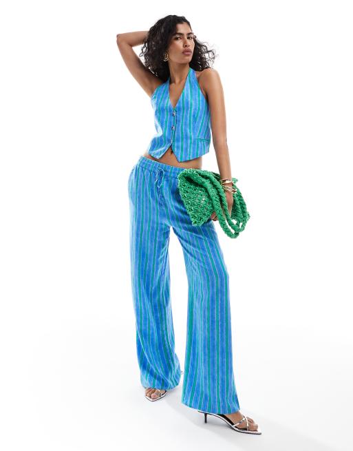 MANGO Linen stripe printed trousers blue L Woman