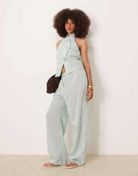 Mango straight leg striped trouser with elasticated waist in pastel green